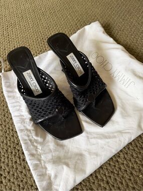 Jimmy Choo Black Woven Leather Slide Mules